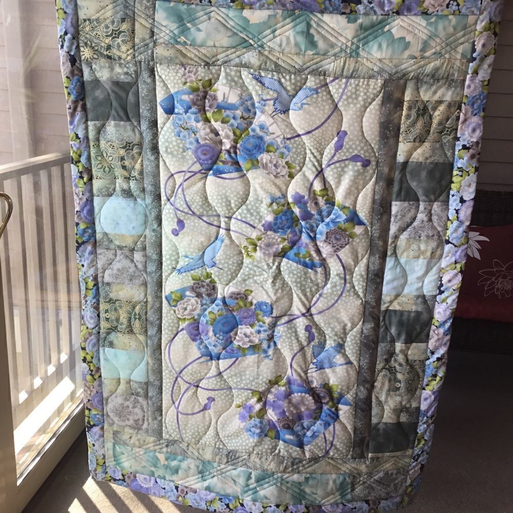 NWT Hand Crafted Quilt in Oriental Prints of Blues and Aquas With Cranes